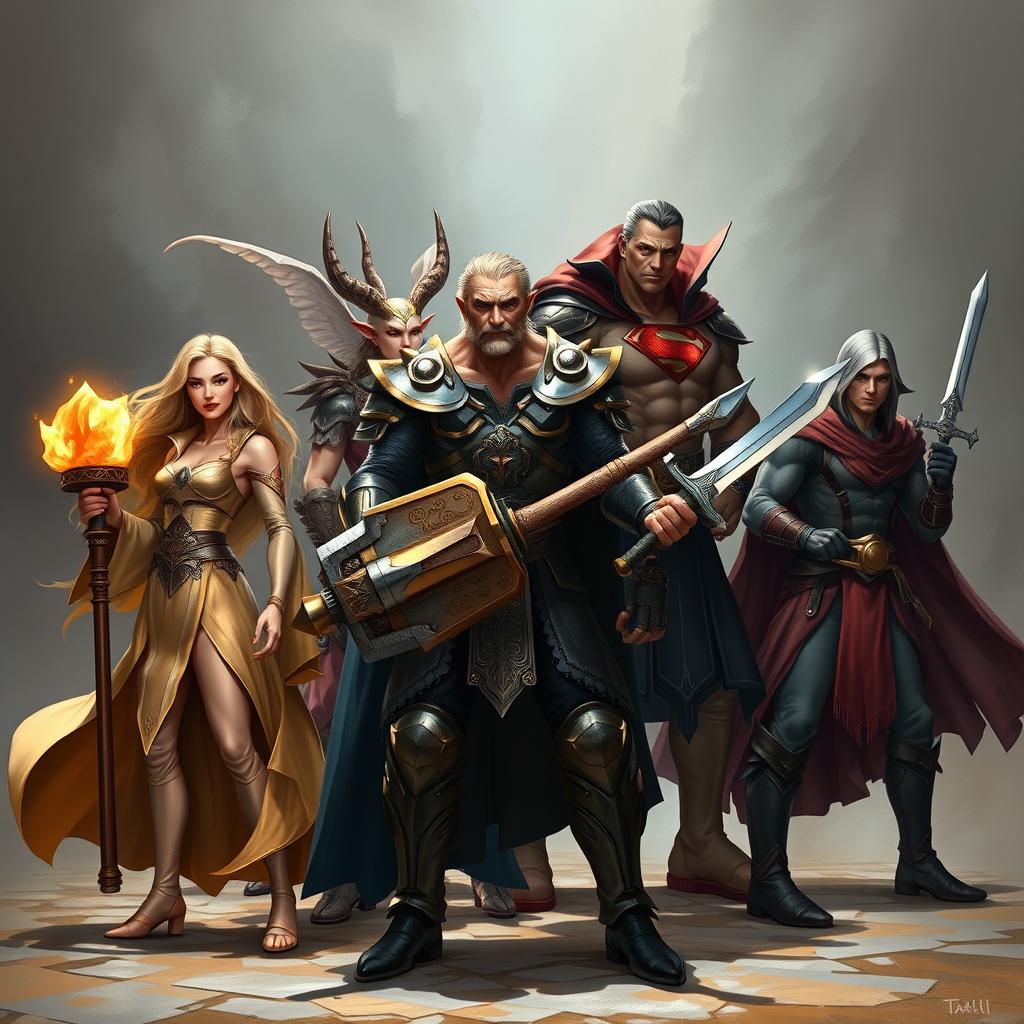 An exciting scene capturing five unique adventurers standing in dynamic stances, ready for battle, each showcasing distinct features and styles without overlapping