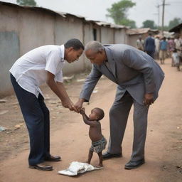 Enhance the previous image showing a government figure aiding extremely impoverished individuals, emphasizing their desperate situation and the government's helping hand.