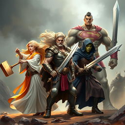 An exhilarating action scene featuring a group of five distinct adventurers, each in a unique battle-ready stance, ensuring no overlap or coverage among them