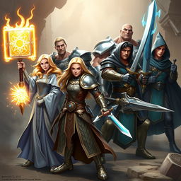 An action-packed scene featuring a total of five unique adventurers, with one beautiful human female cleric and four male companions, each in distinct stances and clearly visible without overlapping