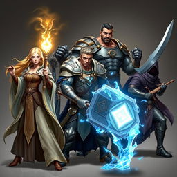 An action-packed scene featuring a total of five unique adventurers, with one beautiful human female cleric and four male companions, each in distinct stances and clearly visible without overlapping