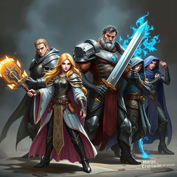 An action-packed scene featuring a total of five unique adventurers, with one beautiful human female cleric and four male companions, each in distinct stances and clearly visible without overlapping