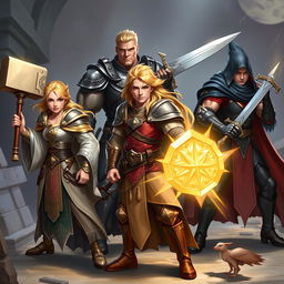 An action-packed scene featuring a total of five unique adventurers, with one beautiful human female cleric and four male companions, each in distinct stances and clearly visible without overlapping