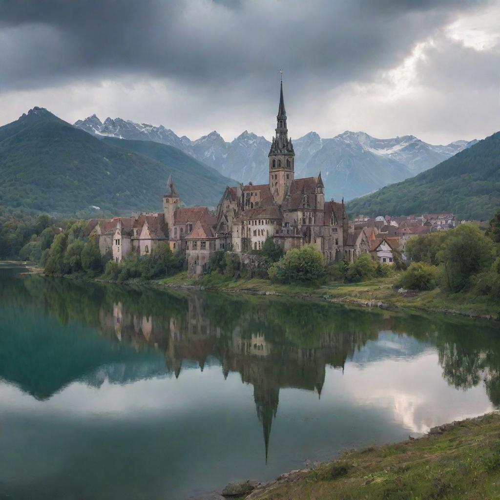 A breathtaking scene of an abandoned city from the 20th century, adorned with church spires and castle towers, nestled on the shore of a serene lake.