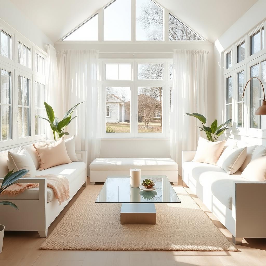 A beautifully designed interior of a light living room, showcasing an abundance of natural light streaming in through large windows