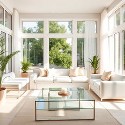 A beautifully designed interior of a light living room, showcasing an abundance of natural light streaming in through large windows