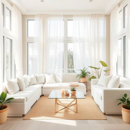 A beautifully designed interior of a light living room, showcasing an abundance of natural light streaming in through large windows