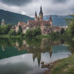 A breathtaking scene of an abandoned city from the 20th century, adorned with church spires and castle towers, nestled on the shore of a serene lake.