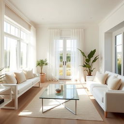 A beautifully designed interior of a light living room, showcasing an abundance of natural light streaming in through large windows