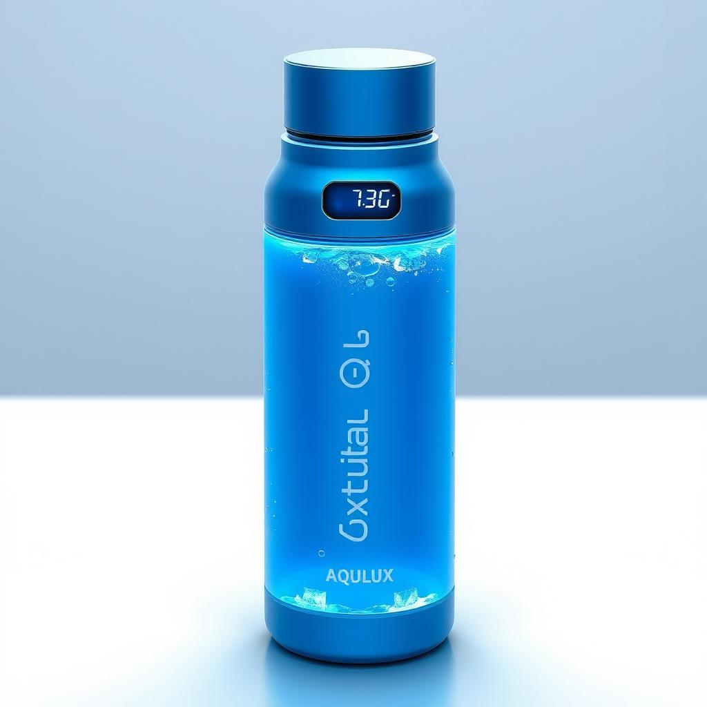 A high-tech thermos bottle named 'Aqualux', designed in a stunning blue color that indicates its advanced chilling capability