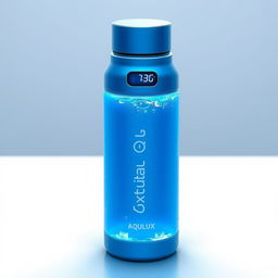 A high-tech thermos bottle named 'Aqualux', designed in a stunning blue color that indicates its advanced chilling capability