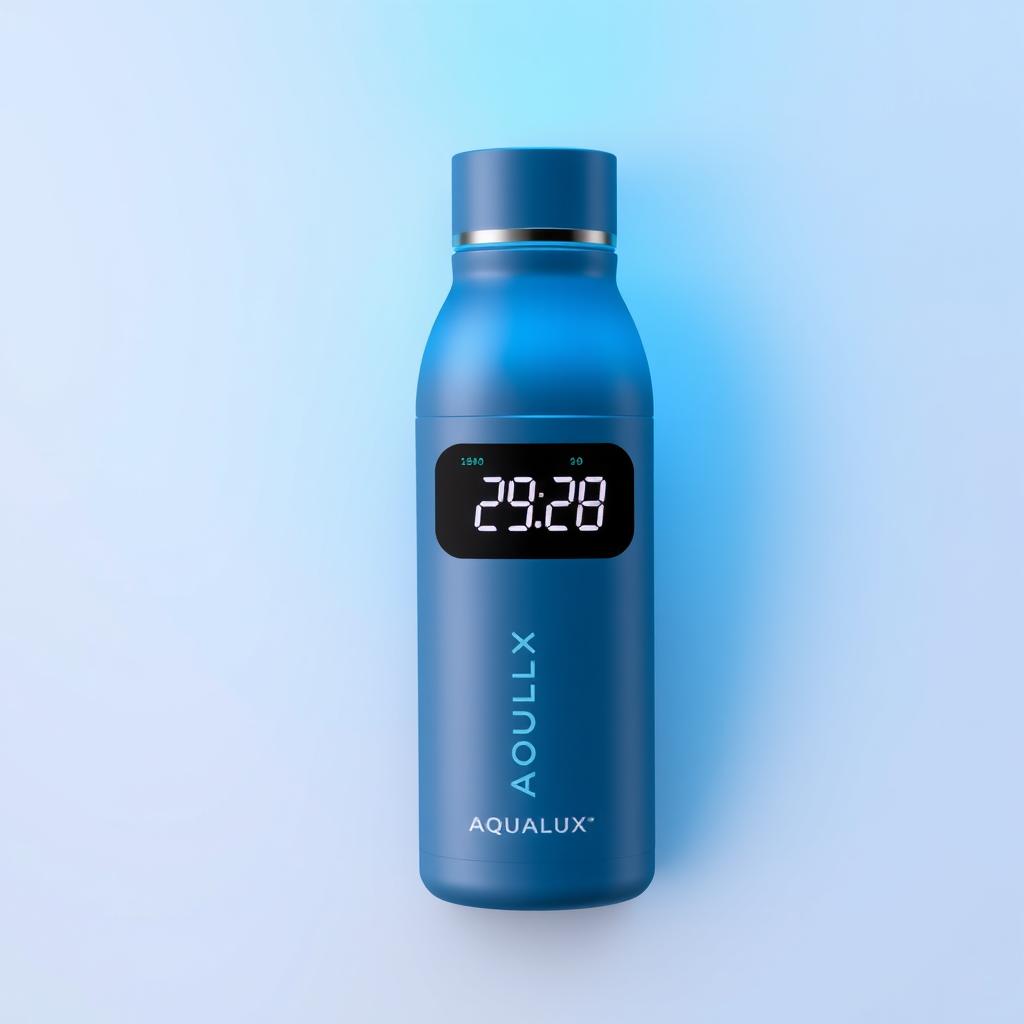 A high-tech thermos bottle named 'Aqualux', designed in a stunning blue color that indicates its advanced chilling capability