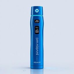 A high-tech thermos bottle named 'Aqualux', designed in a stunning blue color that indicates its advanced chilling capability