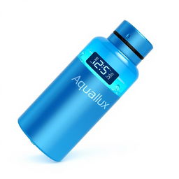 A high-tech thermos bottle named 'Aqualux', designed in a stunning blue color that indicates its advanced chilling capability