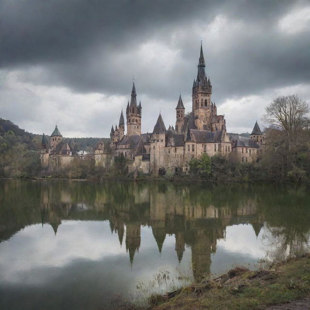 A breathtaking scene of an abandoned city from the 20th century, adorned with church spires and castle towers, nestled on the shore of a serene lake.