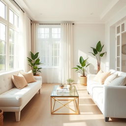 An inviting interior of a light and airy living room, featuring a plush soft white bench and a comfortable white sofa