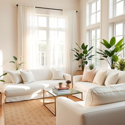 An inviting interior of a light and airy living room, featuring a plush soft white bench and a comfortable white sofa