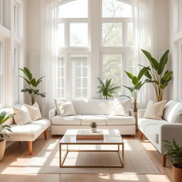 An inviting interior of a light and airy living room, featuring a plush soft white bench and a comfortable white sofa