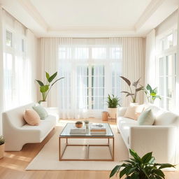 An inviting interior of a light and airy living room, featuring a plush soft white bench and a comfortable white sofa