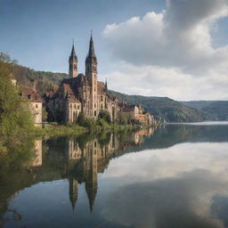 A breathtaking scene of an abandoned city from the 20th century, adorned with church spires and castle towers, nestled on the shore of a serene lake.