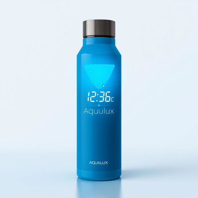 A high-tech thermos bottle named 'Aqualux' with a striking blue color that indicates its advanced cooling technology