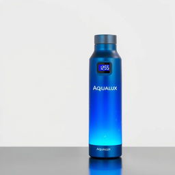 A high-tech thermos bottle named 'Aqualux' with a striking blue color that indicates its advanced cooling technology