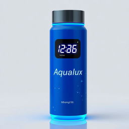 A high-tech thermos bottle named 'Aqualux' with a striking blue color that indicates its advanced cooling technology