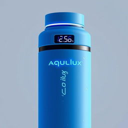 A high-tech thermos bottle named 'Aqualux' with a striking blue color that indicates its advanced cooling technology