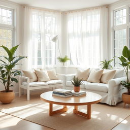 A cozy and inviting interior of a light living room, featuring a soft white bench and a comfortable white sofa