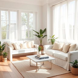 A cozy and inviting interior of a light living room, featuring a soft white bench and a comfortable white sofa