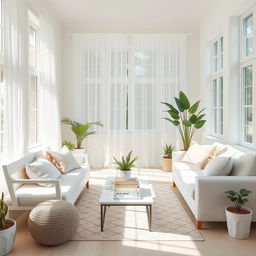 A cozy and inviting interior of a light living room, featuring a soft white bench and a comfortable white sofa