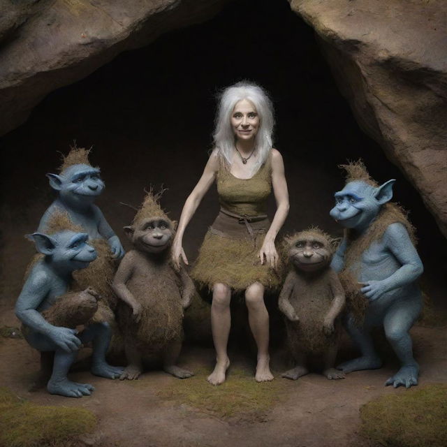 An elegant woman surrounded by four friendly and curious trolls from the cavern, creating a contrast between refinements and the rustic nature of trolls.