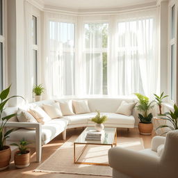 A cozy and inviting interior of a light living room, featuring a soft white bench and a comfortable white sofa