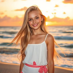 A beautiful blonde girl with long flowing hair, wearing a stylish summer dress and standing on a beach at sunset