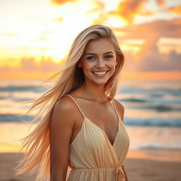 A beautiful blonde girl with long flowing hair, wearing a stylish summer dress and standing on a beach at sunset