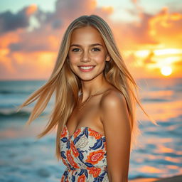 A beautiful blonde girl with long flowing hair, wearing a stylish summer dress and standing on a beach at sunset