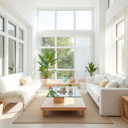 A serene and welcoming interior of a light living room, featuring a soft and fluffy white bench paired with a stylish white sofa