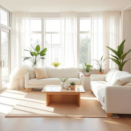 A serene and welcoming interior of a light living room, featuring a soft and fluffy white bench paired with a stylish white sofa