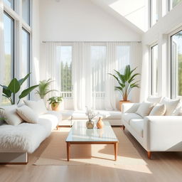 A serene and welcoming interior of a light living room, featuring a soft and fluffy white bench paired with a stylish white sofa