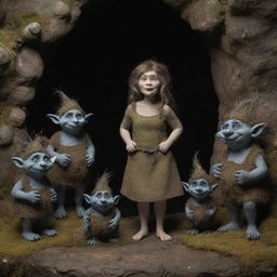 An elegant woman surrounded by four friendly and curious trolls from the cavern, creating a contrast between refinements and the rustic nature of trolls.