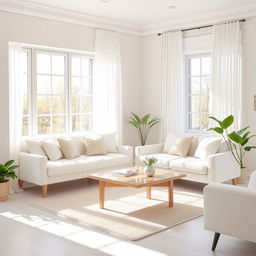 A serene and welcoming interior of a light living room, featuring a soft and fluffy white bench paired with a stylish white sofa