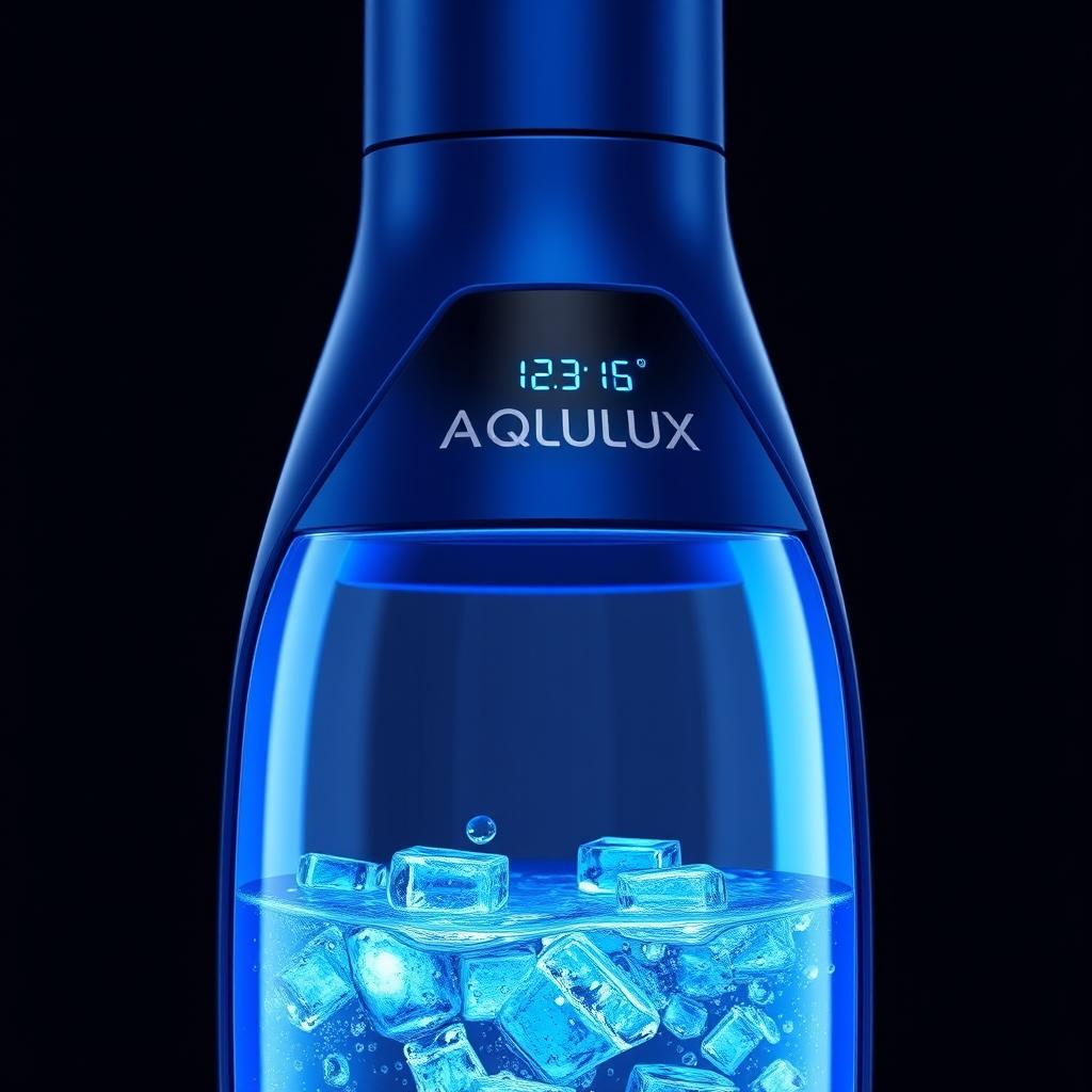 A cutting-edge thermos bottle named 'Aqualux', featuring a stylish blue design with a transparent section that allows a clear view of the water inside