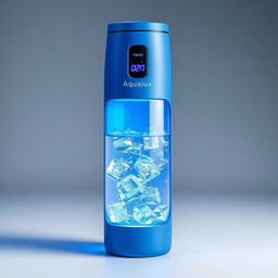 A cutting-edge thermos bottle named 'Aqualux', featuring a stylish blue design with a transparent section that allows a clear view of the water inside