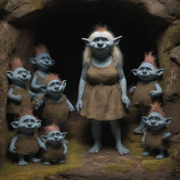 An elegant woman surrounded by four friendly and curious trolls from the cavern, creating a contrast between refinements and the rustic nature of trolls.