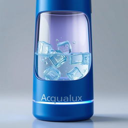 A cutting-edge thermos bottle named 'Aqualux', featuring a stylish blue design with a transparent section that allows a clear view of the water inside