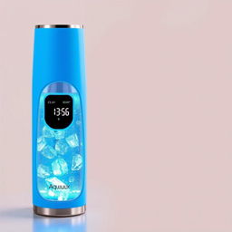 A cutting-edge thermos bottle named 'Aqualux', featuring a stylish blue design with a transparent section that allows a clear view of the water inside