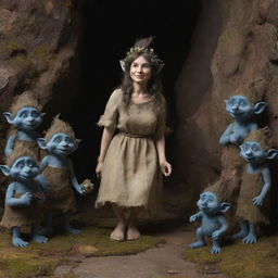 An elegant woman surrounded by four friendly and curious trolls from the cavern, creating a contrast between refinements and the rustic nature of trolls.