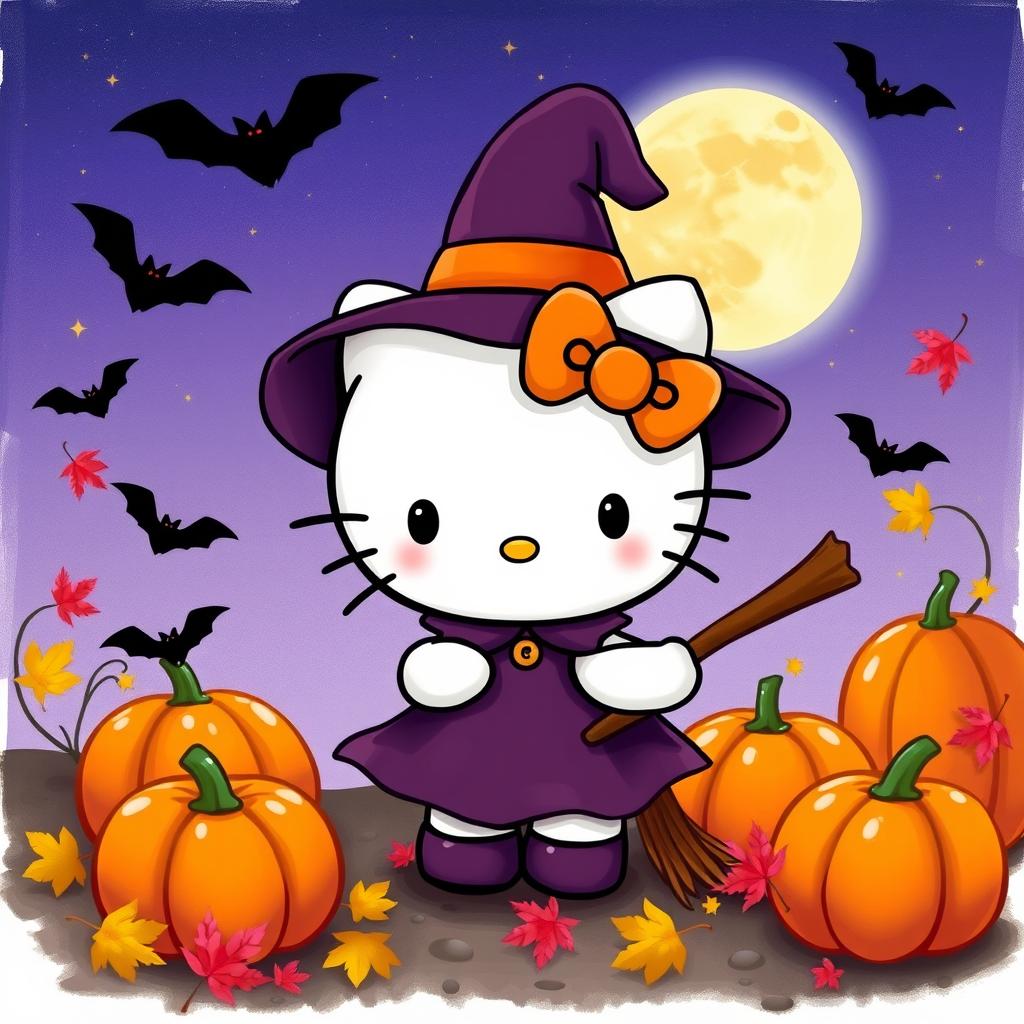 A whimsical Halloween-themed illustration featuring Hello Kitty dressed in a cute witch costume, complete with a small pointed hat and a tiny broomstick