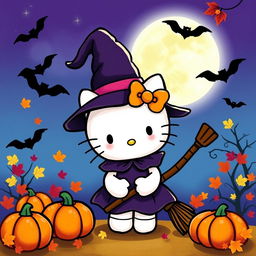 A whimsical Halloween-themed illustration featuring Hello Kitty dressed in a cute witch costume, complete with a small pointed hat and a tiny broomstick