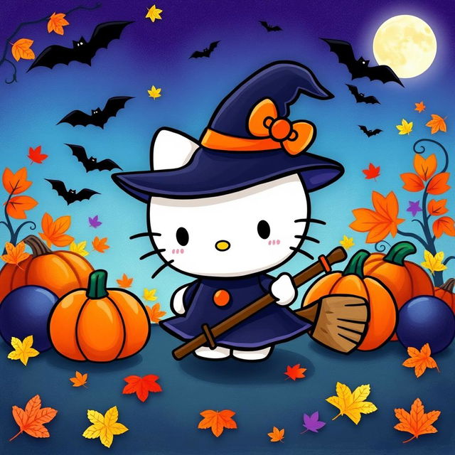 A whimsical Halloween-themed illustration featuring Hello Kitty dressed in a cute witch costume, complete with a small pointed hat and a tiny broomstick